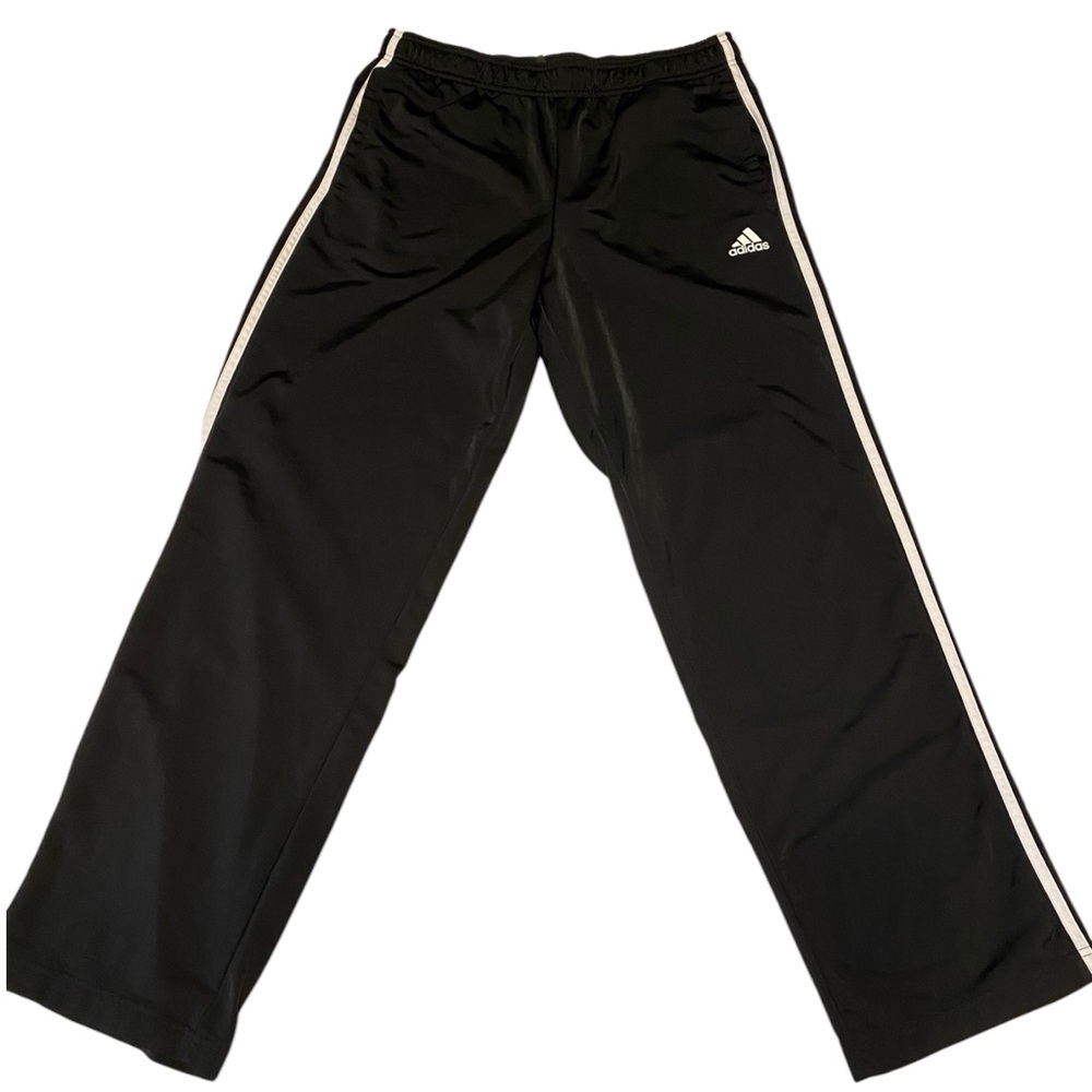 Adidas 3 Stripe Black W White Stripe Track Pants Pockets Men's Size Large
